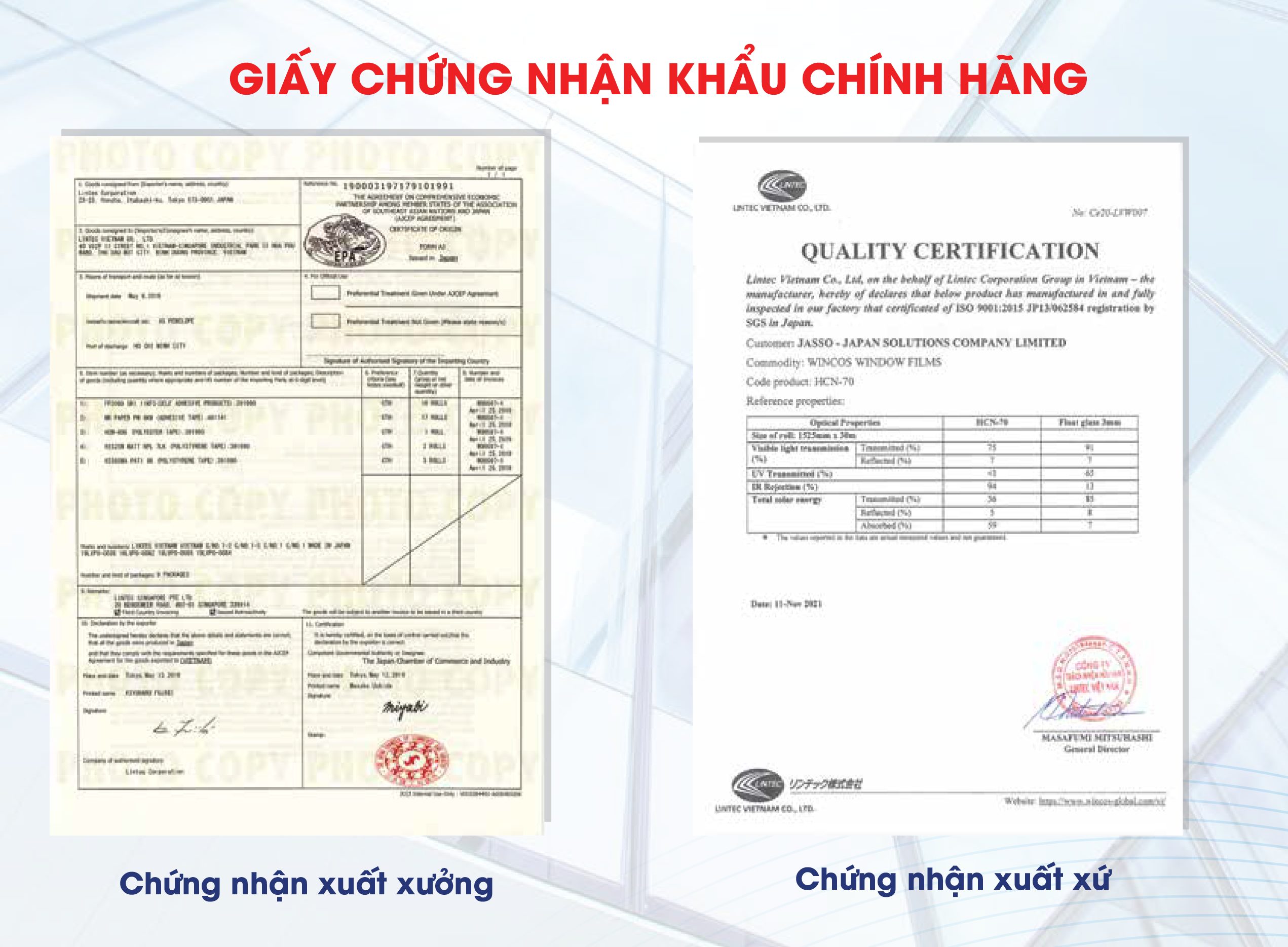 giấy chứng nhận xuất xưởng và giấy chứng nhận xuất xứ của phim cách nhiệt wincos